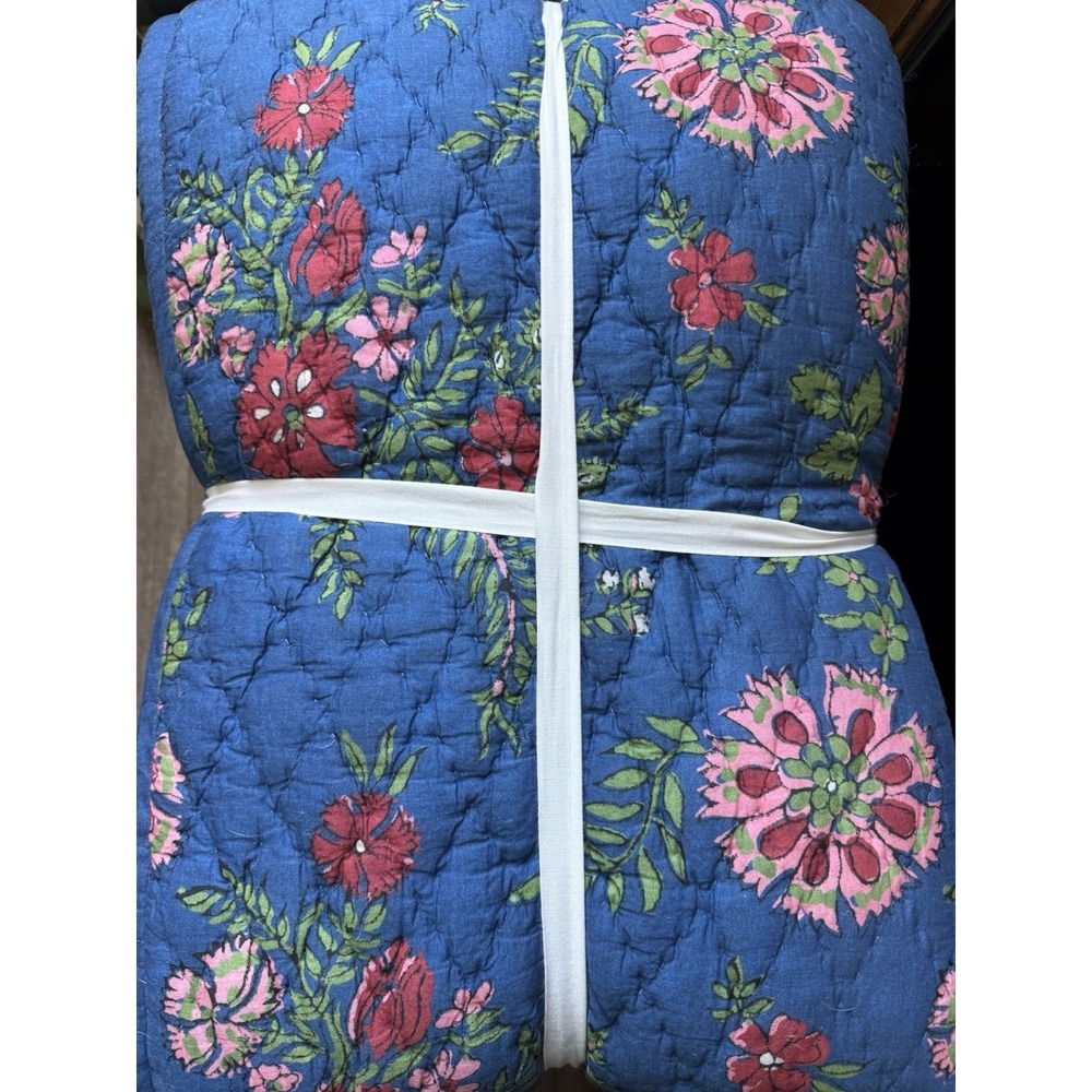 Aqua QUEEN Quilt & Shams Set Reversible Blue Toile Printed Floral Cotton Navy - Picture 7 of 11